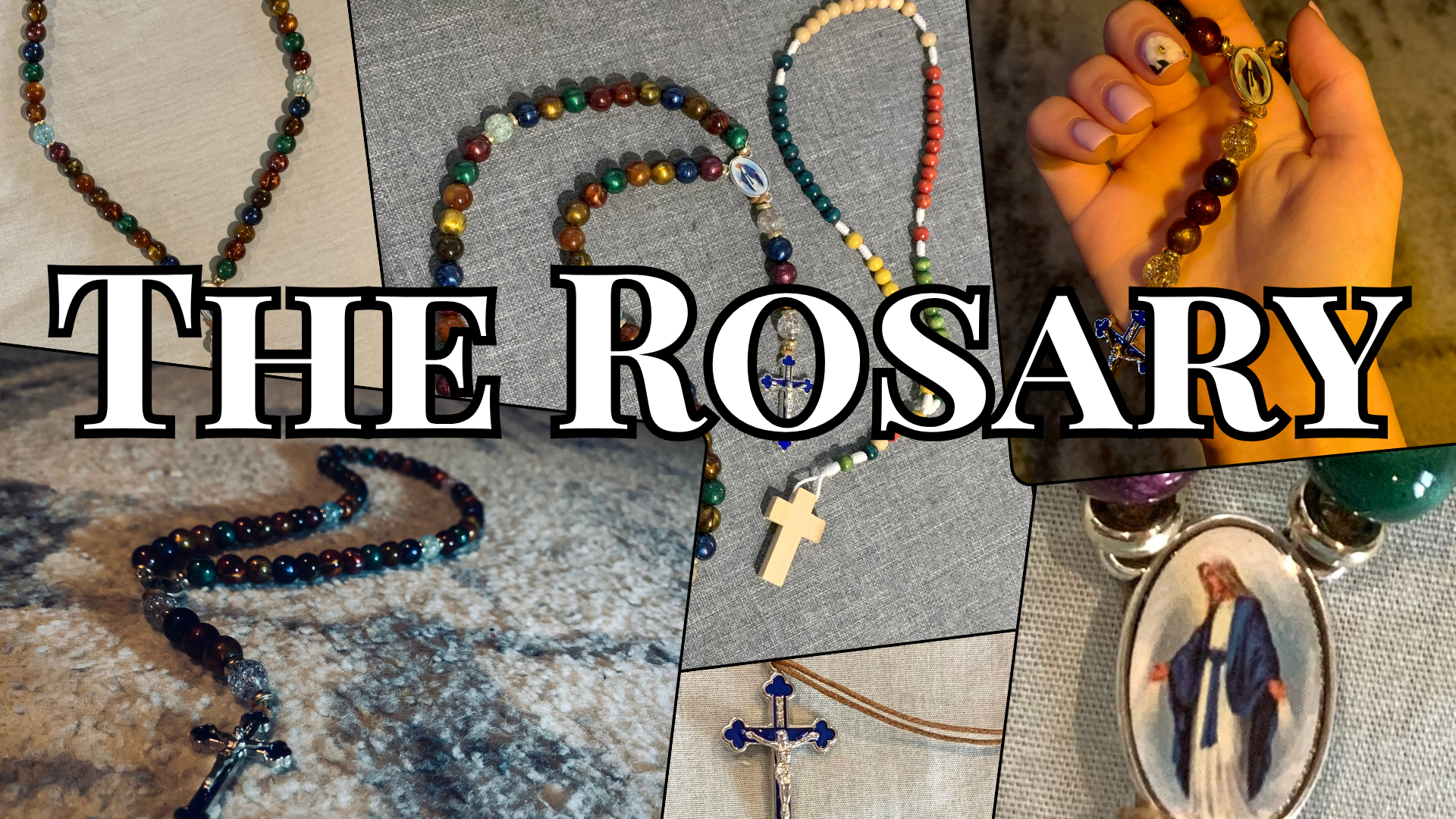 A collage full of pictures of the rosary